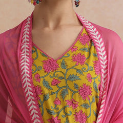 Khushal K Women Cotton Kurta Palazzo Dupatta Set - Yellow