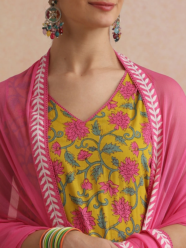 Khushal K Women Cotton Kurta Palazzo Dupatta Set - Yellow