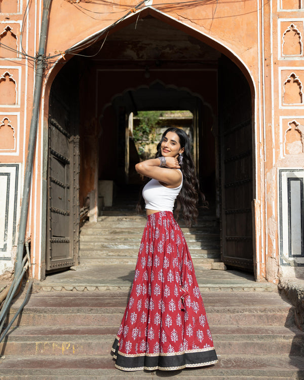 Khushal K Women's Maroon Printed Cotton Flared Maxi Skirt