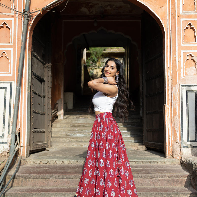 Khushal K Women's Maroon Printed Cotton Flared Maxi Skirt