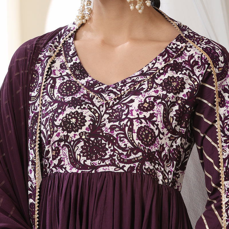 Floral Printed Empire V Neck Gotta Patti Anarkali Kurta Set - Purple - Khushal K - Image 2