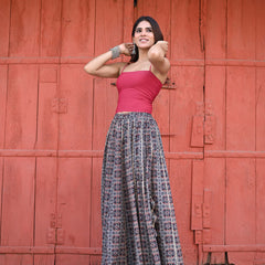 Khushal K Women's Black Printed Cotton Flared Maxi Skirt