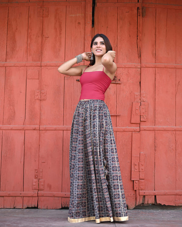 Khushal K Women's Black Printed Cotton Flared Maxi Skirt