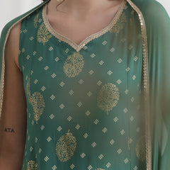 Foil Printed Sweetheart Neck Kurta With Trousers & Dupatta