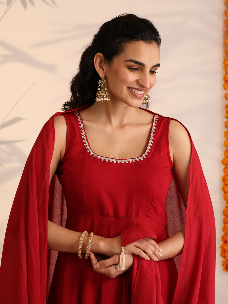 Khushal K Women Cotton Kurta and Palazzo With Dupatta Set - Maroon