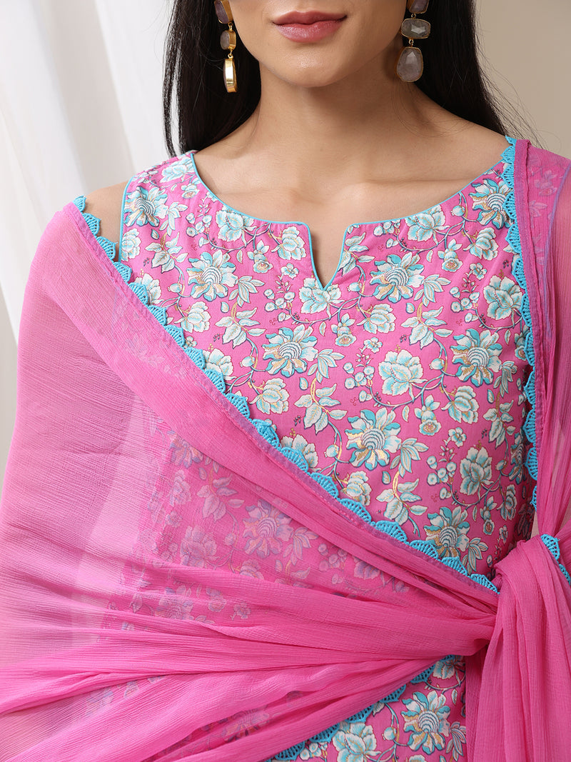 Khushal K Floral Printed Notch Neck Cotton Straight Kurta set