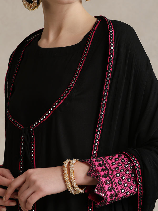 Geometric Embellished Mirror Work A-Line Kurta With Sharara & Dupatta
