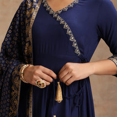 Women’s Ethnic Embroidered Angrakha Kurta Set with Trousers and Dupatta