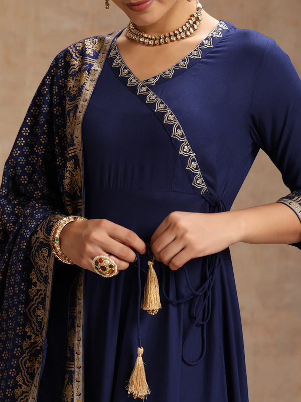 Women’s Ethnic Embroidered Angrakha Kurta Set with Trousers and Dupatta