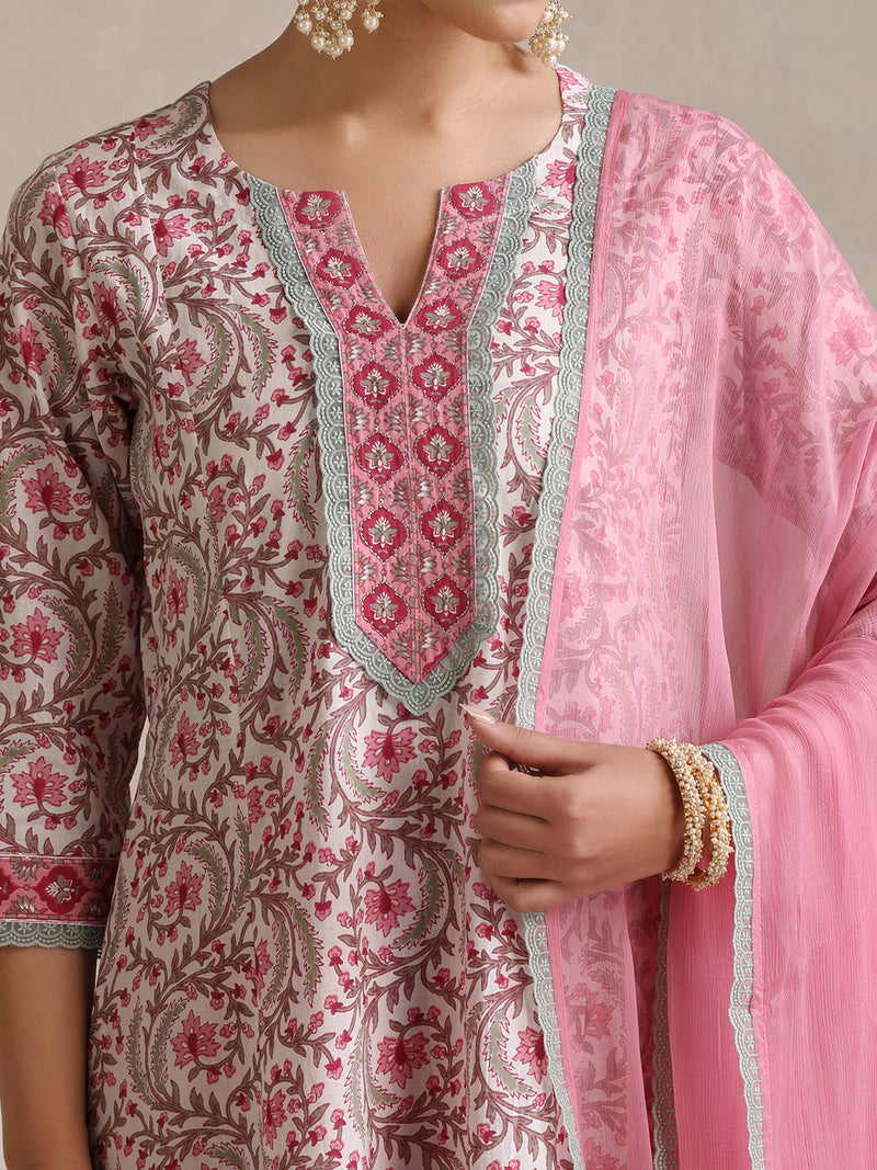 Women Floral Printed Angrakha Pure Cotton Kurta with Palazzos & With Dupatta