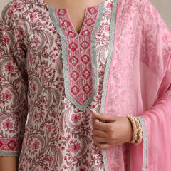 Women Floral Printed Angrakha Pure Cotton Kurta with Palazzos & With Dupatta