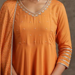 Floral Embroidered V-Neck Thread Work A-Line Kurta With Trousers And Dupatta