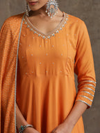 Floral Embroidered V-Neck Thread Work A-Line Kurta With Trousers And Dupatta