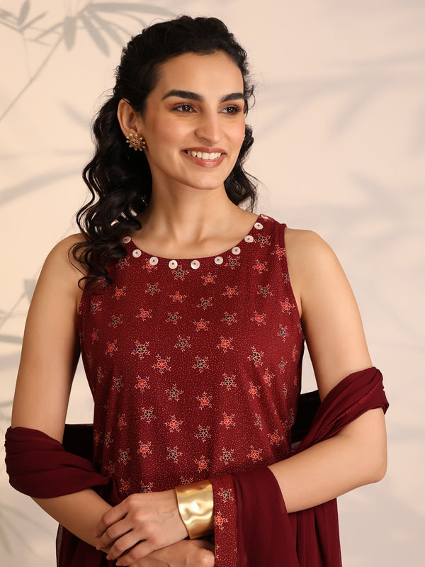 Khushal K Women Cotton kurta and palazzo with dupatta set - Maroon