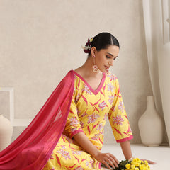 Floral Printed V-Neck Pure Cotton Straight Kurta With Palazzos And Dupatta