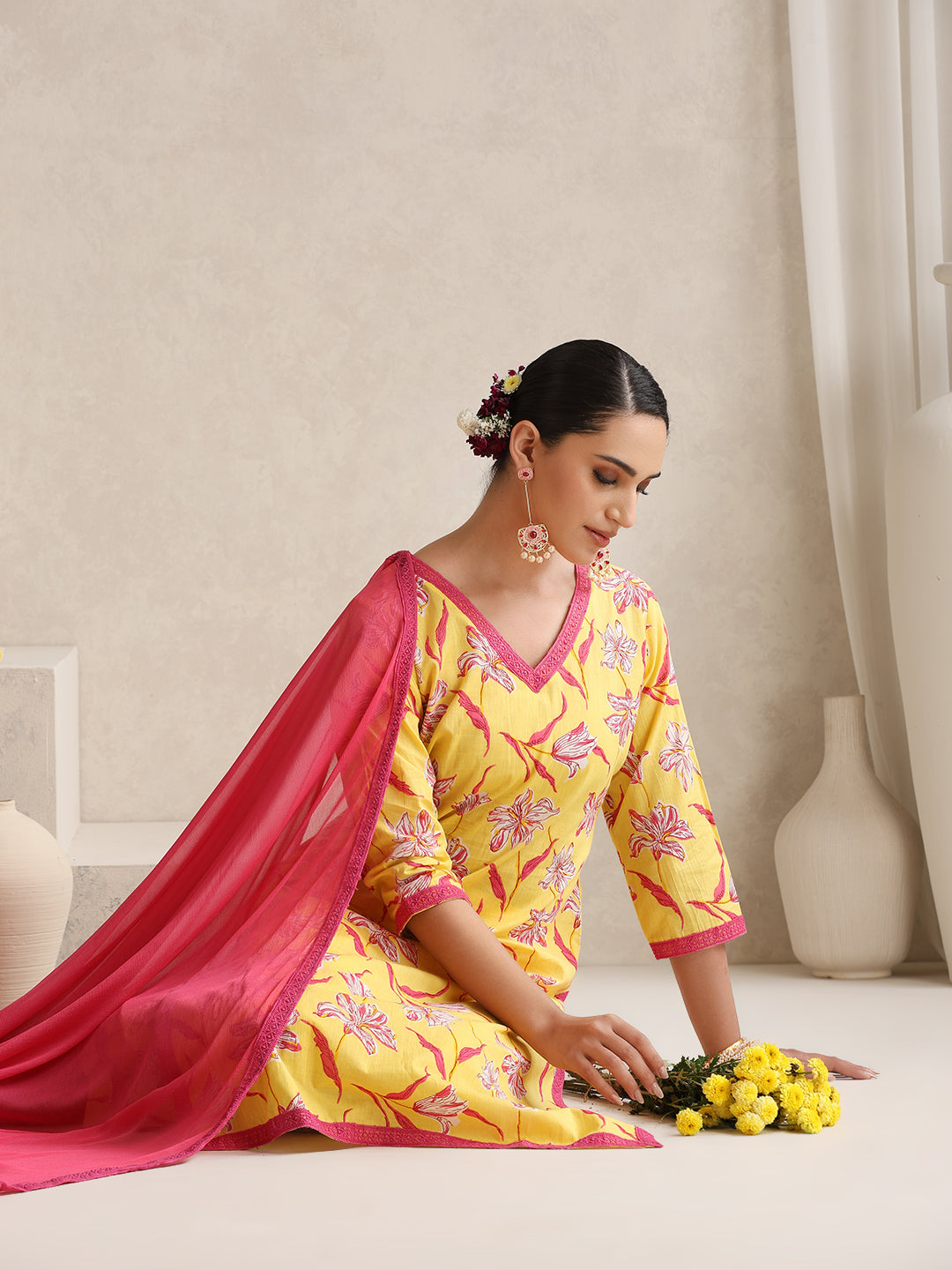 Floral Printed V-Neck Pure Cotton Straight Kurta With Palazzos And Dupatta