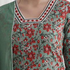 Floral Printed Square Neck Pure Cotton Straight Kurti With Palazzos & Dupatta