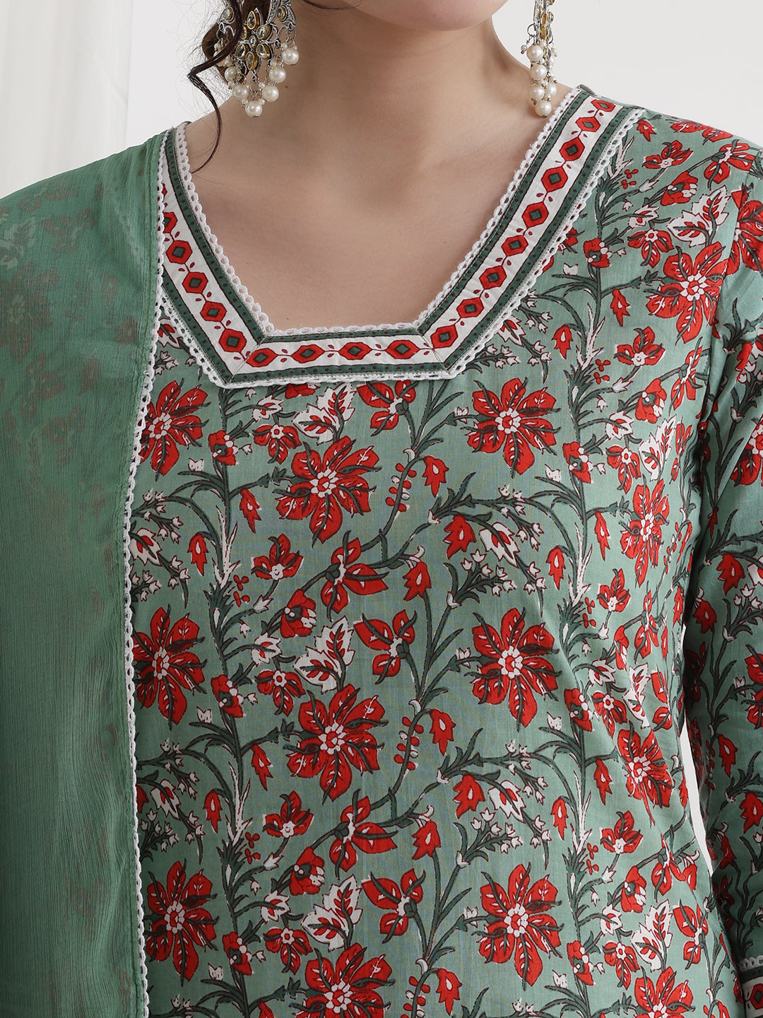 Floral Printed Square Neck Pure Cotton Straight Kurti With Palazzos & Dupatta