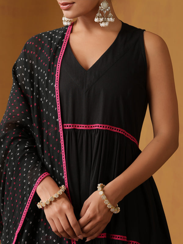 Khushal K Women Cotton Kurta and Palazzo With Dupatta Set - Black
