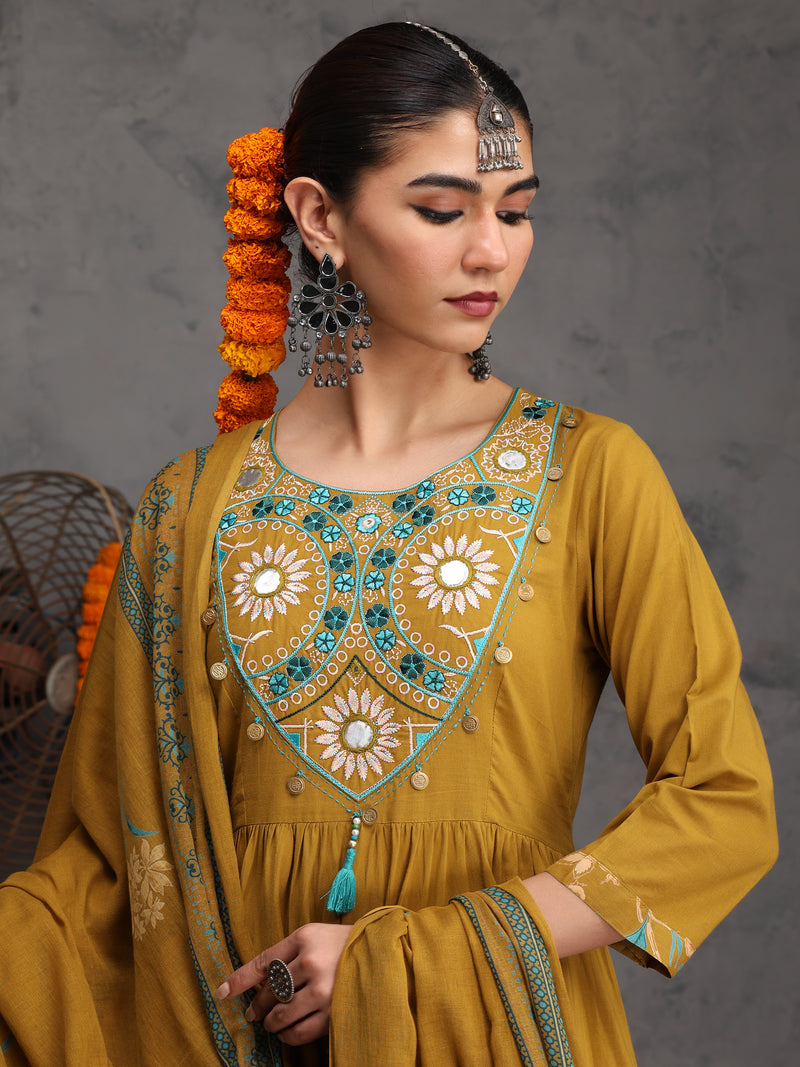 Khushal K Women Cotton Kurta Palazzo Dupatta Set - Mustard