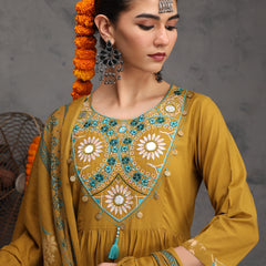 Khushal K Women Cotton Kurta Palazzo Dupatta Set - Mustard