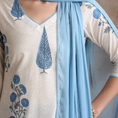 Floral Printed V-Neck Pure Cotton Straight Kurti with Trousers & With Dupatta
