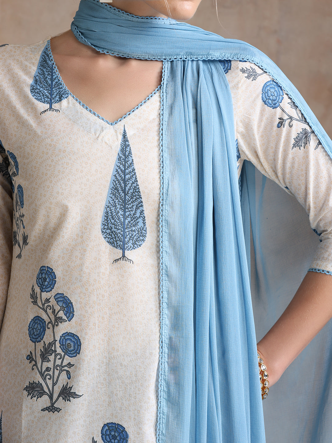 Floral Printed V-Neck Pure Cotton Straight Kurti with Trousers & With Dupatta