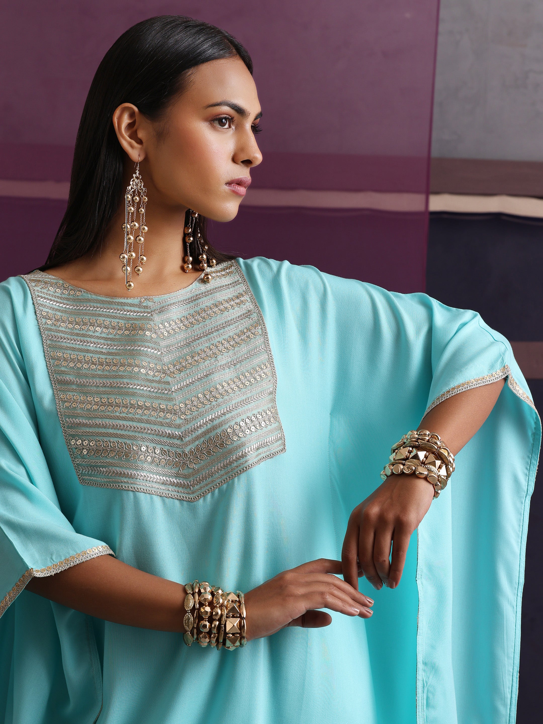 Khushal K Women Motifs Yoke Round Nack Design Kaftan set