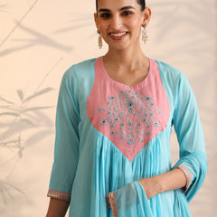 Khushal K Women Cotton Kurta and Palazzo With Dupatta Set - Turquoise Blue
