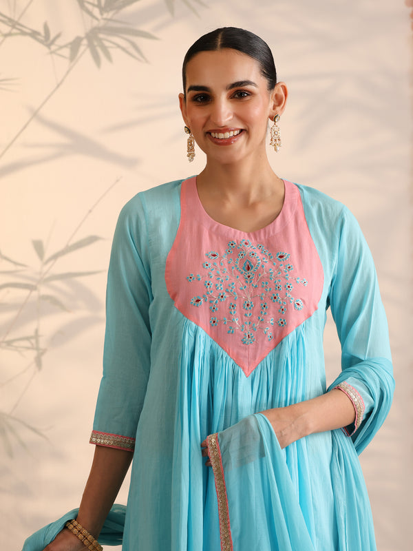 Khushal K Women Cotton Kurta and Palazzo With Dupatta Set - Turquoise Blue