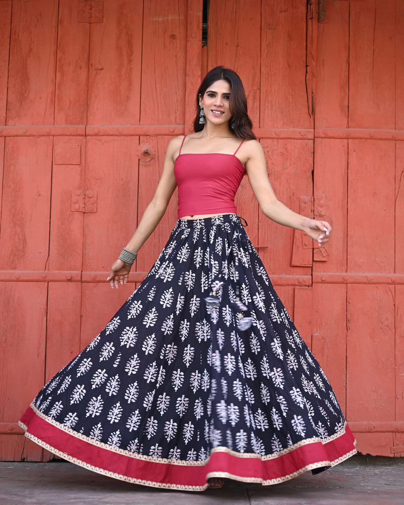 Khushal K Women's Black Printed Cotton Flared Maxi Skirt