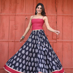 Khushal K Women's Black Printed Cotton Flared Maxi Skirt