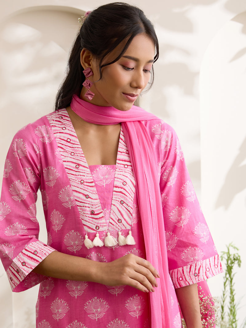 Khushal K Women Cotton Kurta And Palazzo With Dupatta Set - Pink