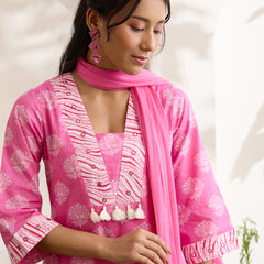 Khushal K Women Cotton Kurta And Palazzo With Dupatta Set - Pink