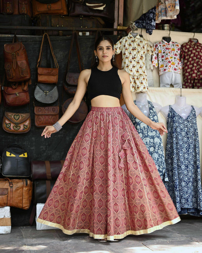Khushal K Women's Maroon Printed Cotton Flared Maxi Skirt