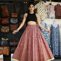 Khushal K Women's Maroon Printed Cotton Flared Maxi Skirt