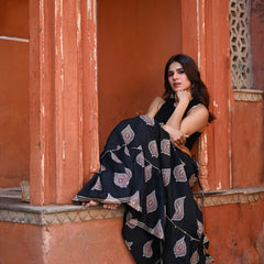 Khushal K Women's Black Printed Cotton Flared Maxi Skirt