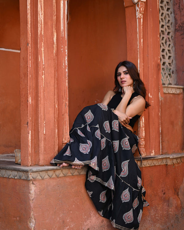 Khushal K Women's Black Printed Cotton Flared Maxi Skirt