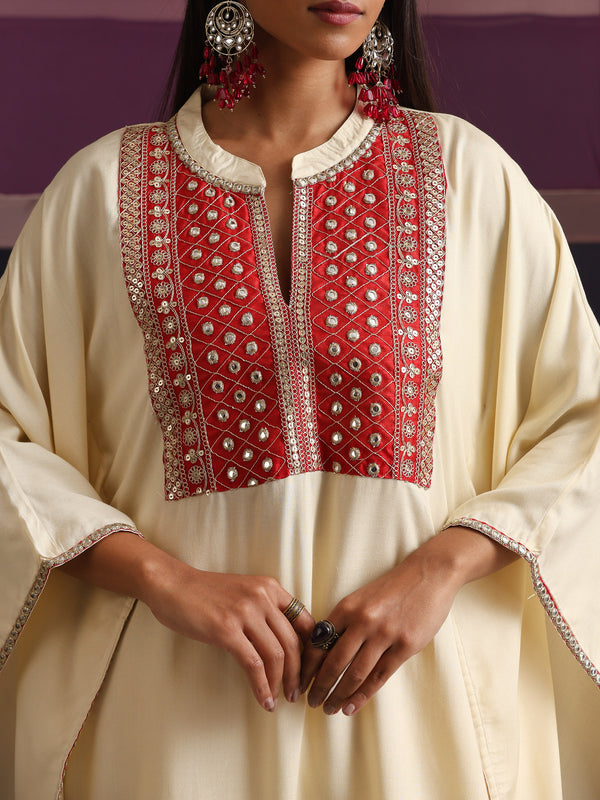 Khushal K Women Embroidered mirror work Cream Kaftan set