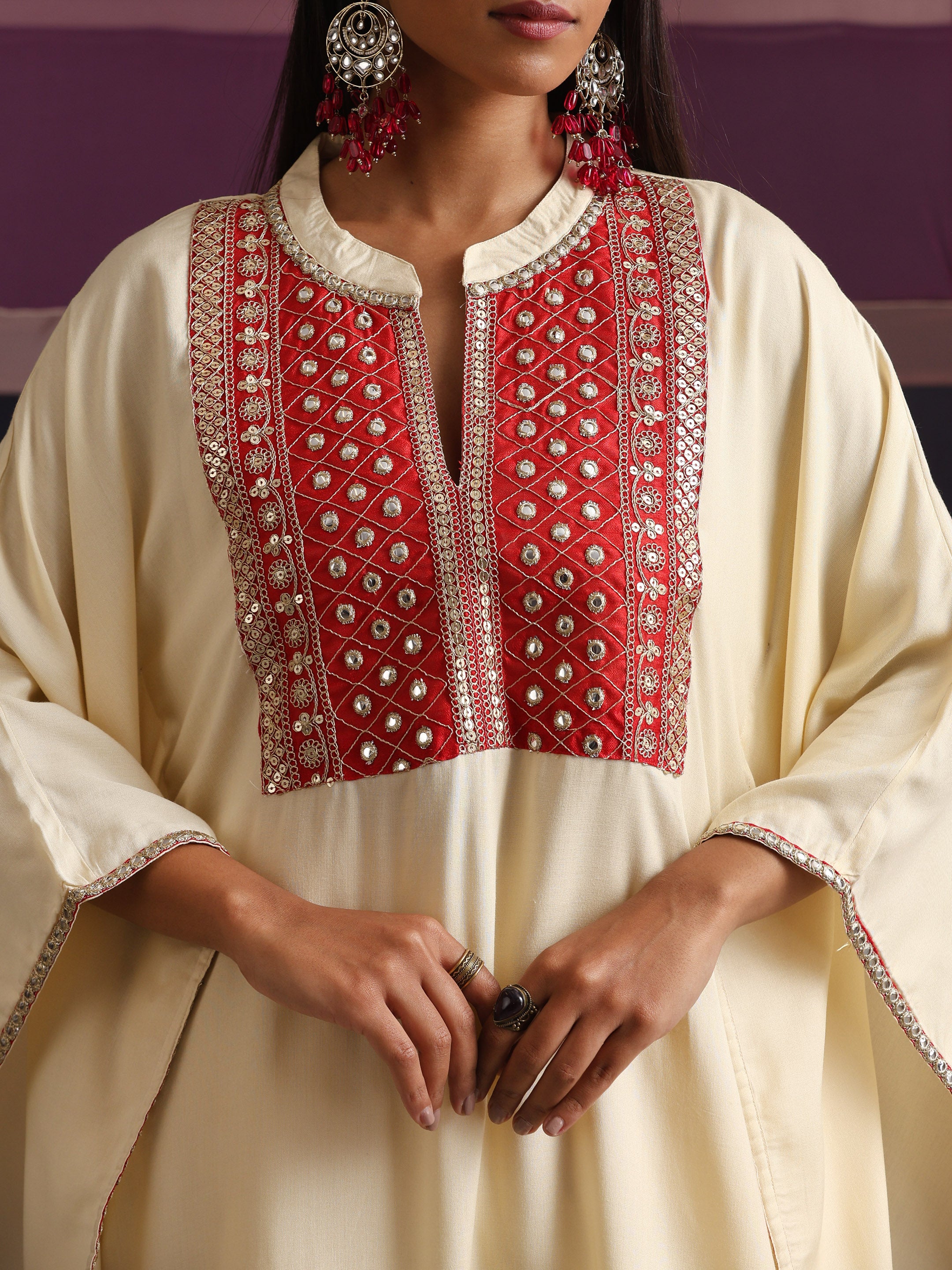 Khushal K Women Embroidered mirror work Cream Kaftan set