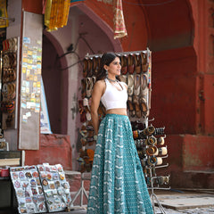 Khushal K Women's Turquoise Blue Printed Cotton Flared Maxi Skirt