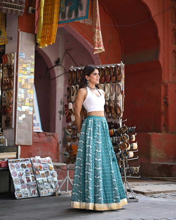 Khushal K Women's Turquoise Blue Printed Cotton Flared Maxi Skirt