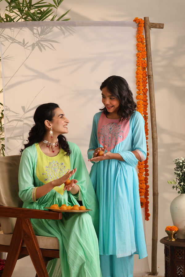 Khushal K Women Cotton Kurta and Palazzo With Dupatta Set - Green