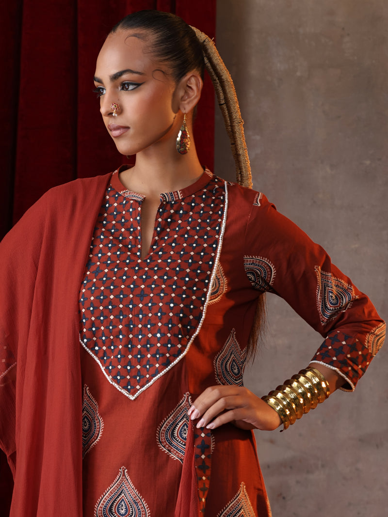 Khushal K Women Cotton kurta and palazzo with dupatta set - Rust