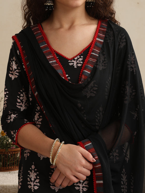 Khushal K Women Black Floral Printed Regular Pure Cotton Kurta & Palazzo With Dupatta