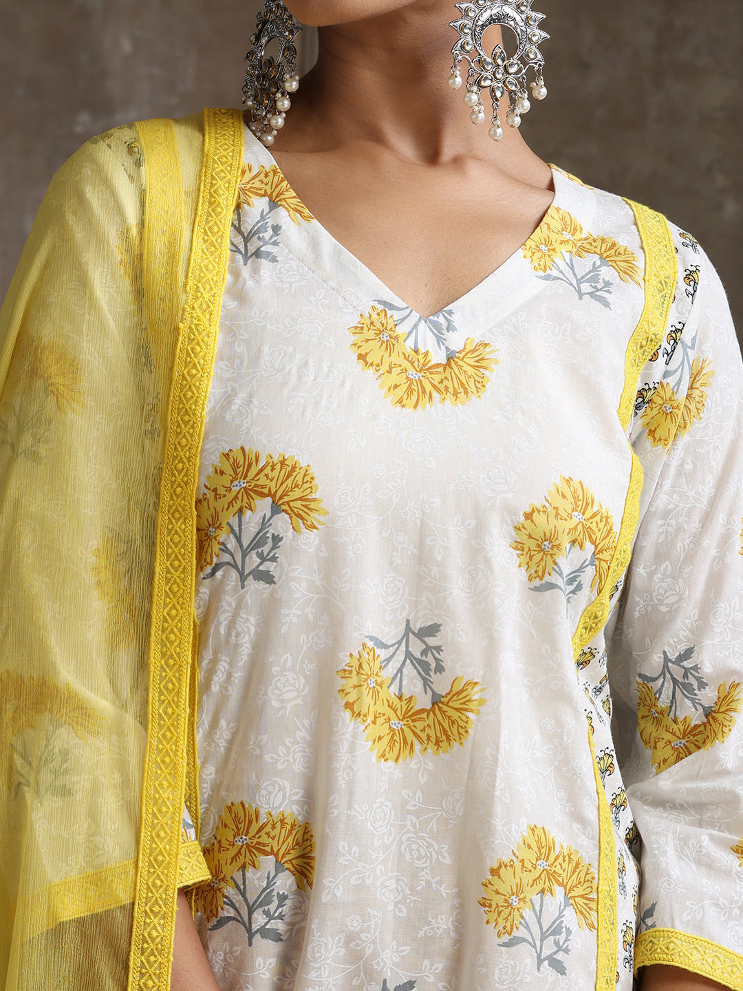 Floral Printed Pure Cotton Straight Kurta With Palazzos And Dupatta