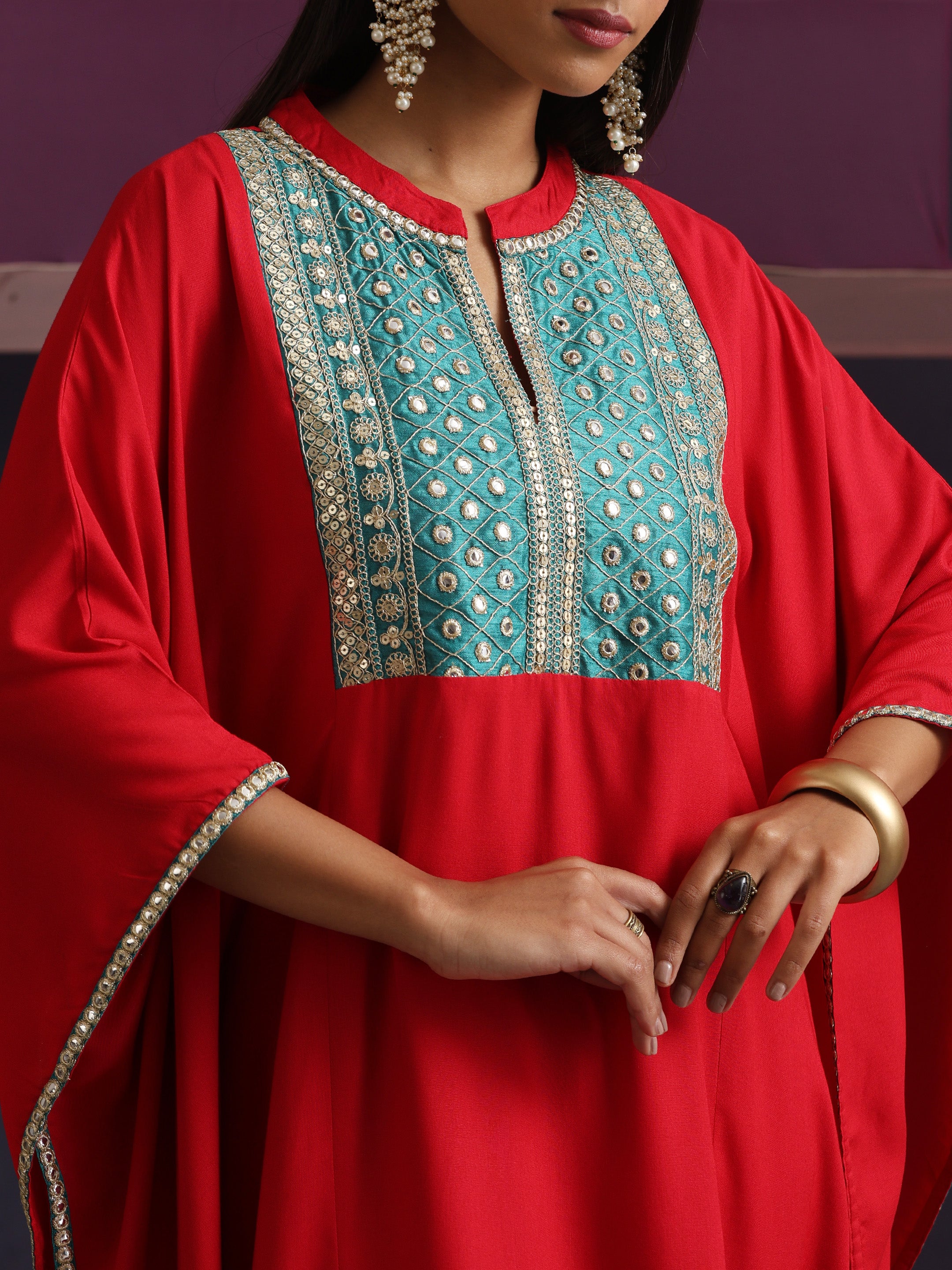 Khushal K Women Embroidered mirror work Red Kaftan set