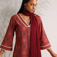 Khushal K Women Cotton kurti and Afghani Salwar with dupatta set - Maroon