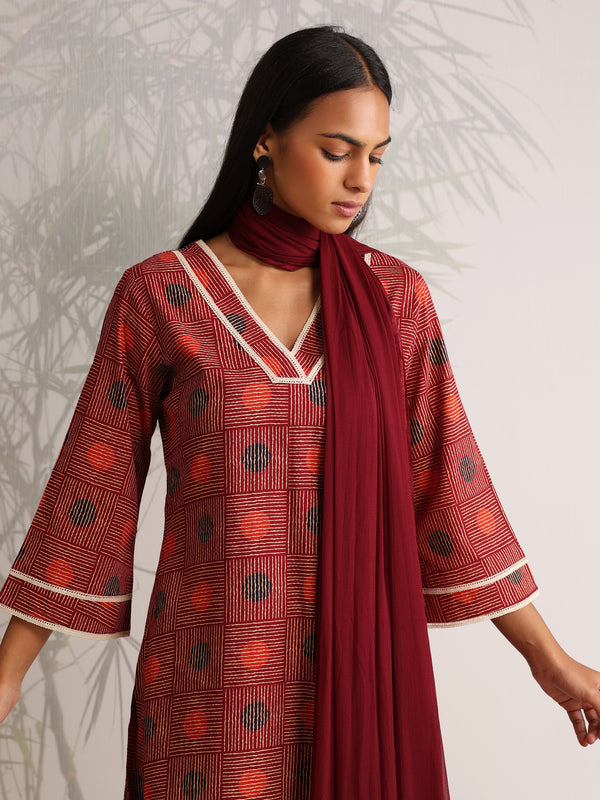 Khushal K Women Cotton kurti and Afghani Salwar with dupatta set - Maroon