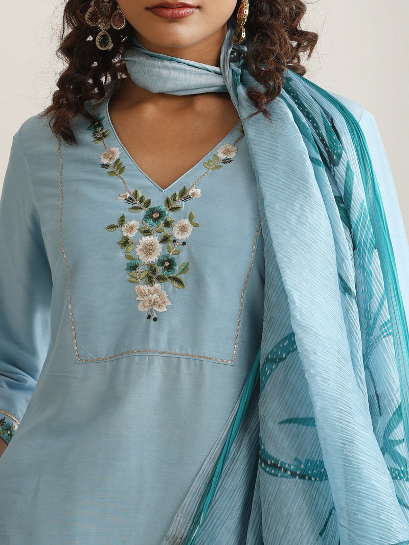 Khushal K Women Pure Silk blue Embroidered Kurta & Palazzo With Dupatta